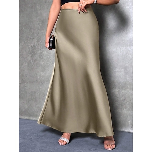  Femmes Jupe Moulant Élégant Mode Maxi Taille haute Jupes Uni Micro-Élastique Soirée Rue Noir Fuchsia Vert Kaki Printemps Satin Polyester