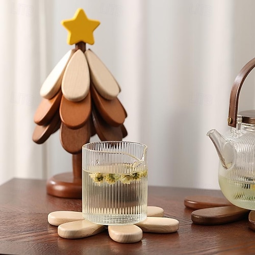  Dessous de verre en bois résistant à la chaleur pour sapin de Noël, sets de table créatifs en forme d'arbre pour la cuisine et la salle à manger, adaptés aux bols, théières, plateaux à boissons,