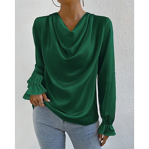  Per donna Camicia Camicia in raso Semplice Elegante Casual Manica Lunga Scollo a Cascata Top Regolari Quotidiano Uscire Drappeggiato Nero Rosa Verde Albicocca Primavera Autunno