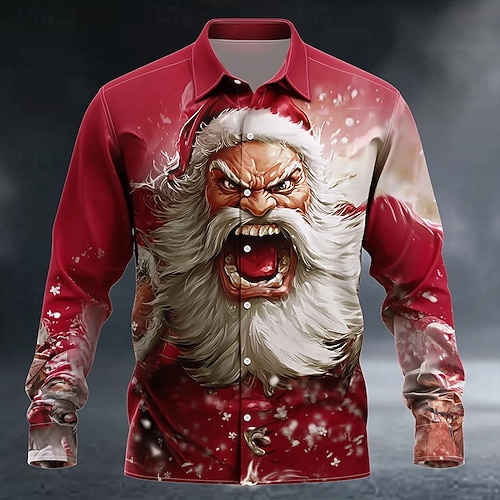 Christmas Men's Muscle Roaring Santa Claus Shirt Button Up Shirt
