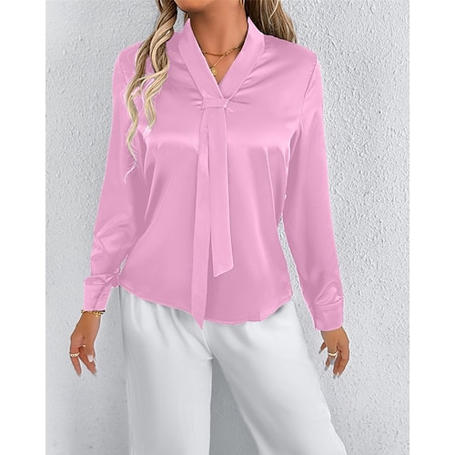  Femmes Chemise Chemise en satin Couleur Unie Élégant Occasionnel manche longue Col en V Hauts Réguliers Quotidien Sortir Nœud devant Rose Claire Rouge Printemps Automne