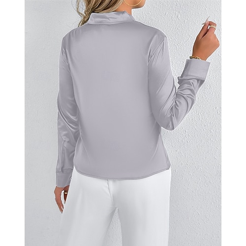  Per donna Camicia Camicia in raso Tinta unica Elegante Casual Manica Lunga Scollo a V Top Regolari Quotidiano Uscire Nodo frontale Verde Grigio chiaro Primavera Autunno