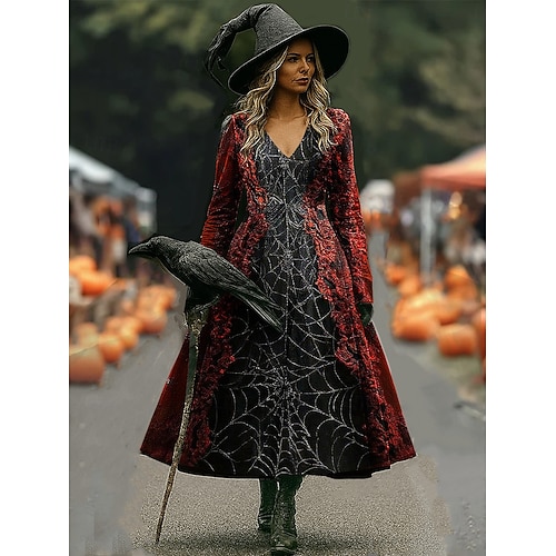  Halloween Pentru femei Rochie Maxi Rochie A line Vacanță Casual Boho Plajă Fit regulat Floral Grafic Manșon Lung În V Negru Roșu Vin Roșu-aprins Primăvară Toamnă