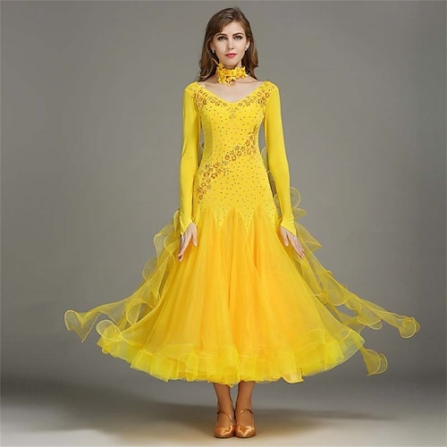Ballroom Dance Dress Pure Color Women's Performance Training Theme Party  Long Sleeve Spandex 2026 - AU $193.39