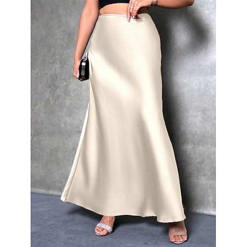  Femmes Jupe Moulant Élégant Mode Maxi Taille haute Jupes Uni Micro-Élastique Soirée Rue Noir Fuchsia Vert Kaki Printemps Satin Polyester
