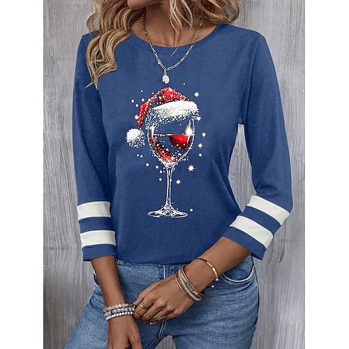  Damen Hemd Bluse Weinglas Lässig Langarm Rundhalsausschnitt Normale Oberteile Weihnachten Täglich Patchwork Schwarz Wein Blau Grün Herbst Winter