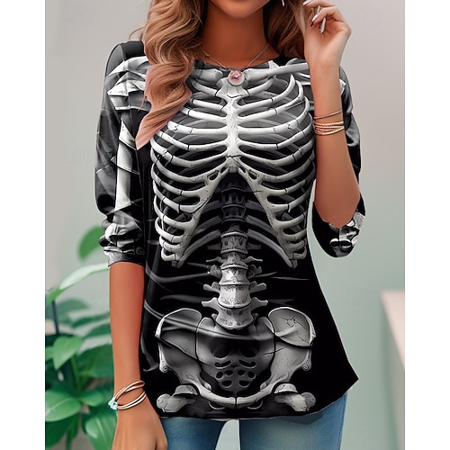  ハロウィン ウィメンズ Tシャツ スケルトン スカル グラフィック スケルトン ヴィンテージ ファッション スタイリッシュ ロングスリーブ クルーネック ラウンドネック レギュラー トップス デイリー ウィークエンド プリント ブラック ワイン ダーク グレー 夏 春 秋