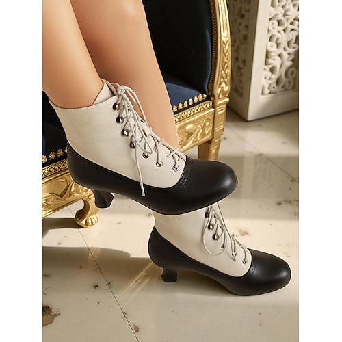  Botas femininas estilo vitoriano vintage, estilo anos 1920, com cadarço – botas de salto bicolores, marrom e verde-oliva, com detalhes em brogue para cosplay, steampunk e looks de outono