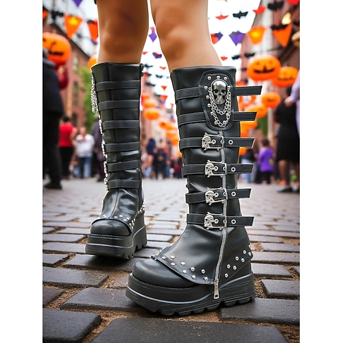 Women's Gothic Skull Platform Knee High Boots Black Faux Leather