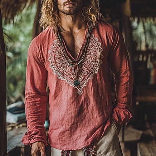  Homens Camisa de linho camisa de verão camisa vintage Camisa étnica Camisa de manga longa Bordado Férias Rua Vermelho Manga Longa Decote V Verão Primavera Roupa Cavaleiro medieval