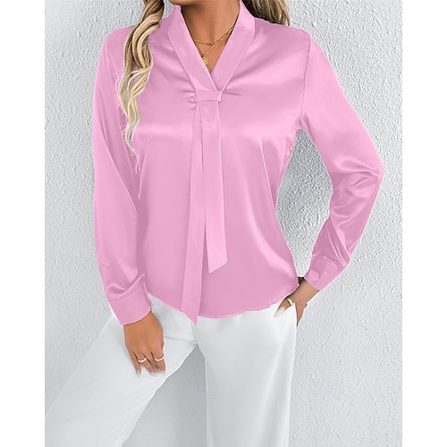  Femmes Chemise Chemise en satin Couleur Unie Élégant Occasionnel manche longue Col en V Hauts Réguliers Quotidien Sortir Nœud devant Rose Claire Rouge Printemps Automne