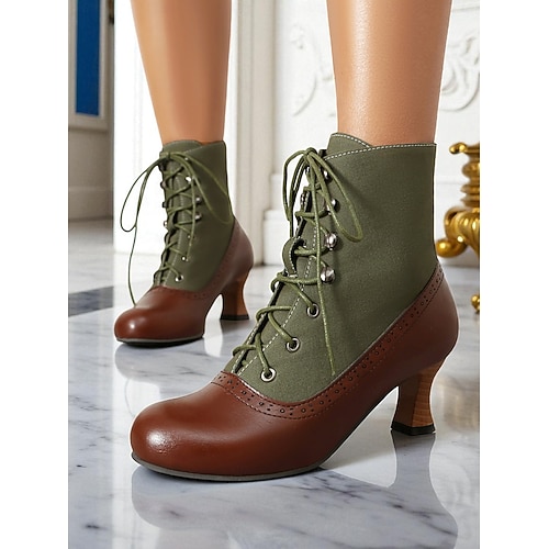  Botas femininas estilo vitoriano vintage, estilo anos 1920, com cadarço – botas de salto bicolores, marrom e verde-oliva, com detalhes em brogue para cosplay, steampunk e looks de outono