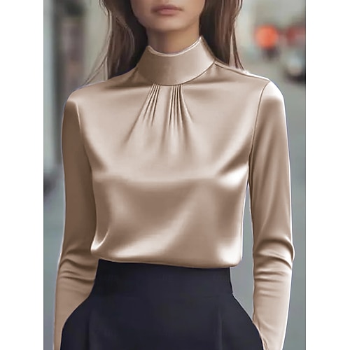  Mulheres Elegant Elegante Cetim Blusa Tecido Elegante Diário à moda Gola Alta Tops regulares Diário Preto Branco Roxo Cáqui Outono