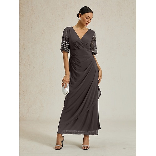 Femmes Robe maxi Robe fourreau Élégant Couleur Unie Manche Courte Col en V Gris foncé Été Printemps Automne  Femmes Robe maxi Robe fourreau Élégant Couleur Unie Manche Courte Col en V Gris foncé Été Printemps Automne