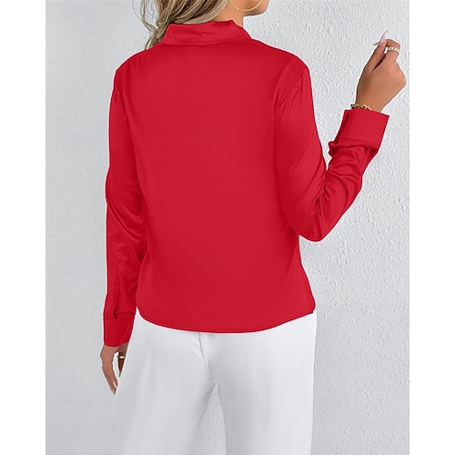  Femmes Chemise Chemise en satin Couleur Unie Élégant Occasionnel manche longue Col en V Hauts Réguliers Quotidien Sortir Nœud devant Rose Claire Rouge Printemps Automne
