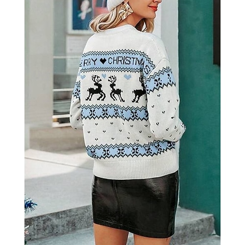  Femmes Pull Mode Occasionnel Renne de Noël Côtelé Col ras du cou Tricoté Imprimé manche longue Hauts Réguliers Tricoter Noël Extérieur Quotidien Bleu Automne Hiver