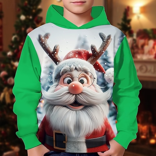  Natale Ragazzi 3D Grafico Babbo Natale Felpa con Cappuccio Manica Lunga Primavera Autunno Moda Streetwear Bambini 4-12 Anni Con cappuccio All'aperto Casuale Quotidiano Vestibilità regolare