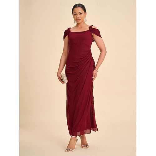  Femmes Robe maxi Robe fourreau Élégant Fête Anniversaire Couleur Unie Sans manches Col carré Rouge vin Été