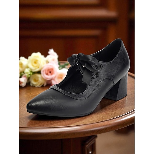  Zwarte Mary Jane-hakken met strik in jaren 50-stijl voor dames – retro pumps met dikke hak en uitsparingen voor dagelijks vintage gebruik en swingdansen