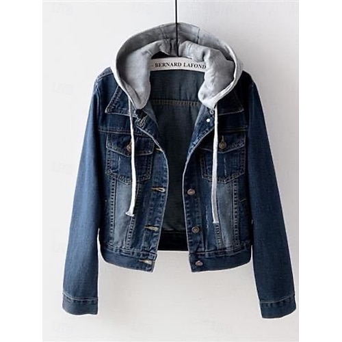 Women's Casual Jacket Denim Jacket Comfortable Breathable Pocket Buttons Casual Plain Vacation Street Casual Daily Wear Single Breasted Short Hooded Slim Long Sleeve Outerwear Navy Blue Blue Spring