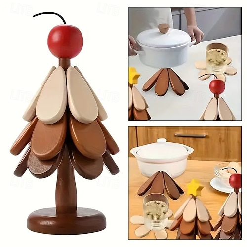  Dessous de verre en bois résistant à la chaleur pour sapin de Noël, sets de table créatifs en forme d'arbre pour la cuisine et la salle à manger, adaptés aux bols, théières, plateaux à boissons,