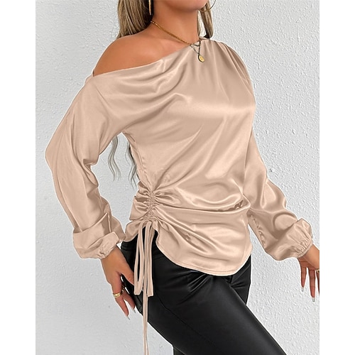  Dames Overhemd Satijnen overhemd Effen Kleur Stijlvol Casual Lange mouw Schouderafhangend koude schouder Normale tops Dagelijks Uitgaan Asymmetrisch Blozend Roze Abrikoos Lente Herfst