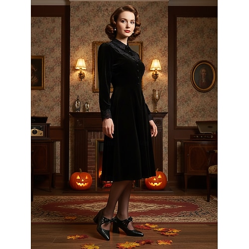  Zwarte Mary Jane-hakken met strik in jaren 50-stijl voor dames – retro pumps met dikke hak en uitsparingen voor dagelijks vintage gebruik en swingdansen