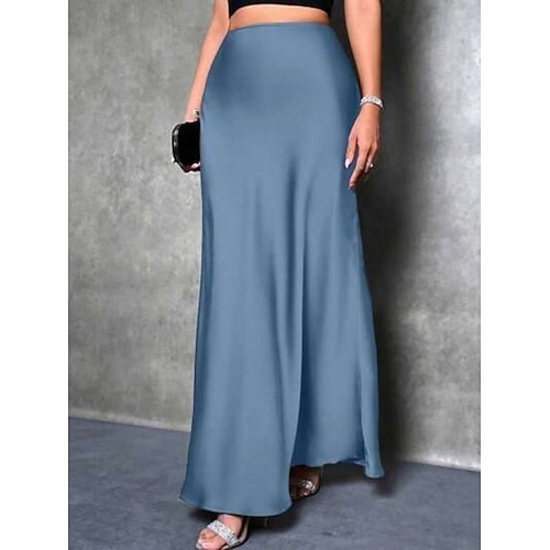 Femmes Jupe Moulant Élégant Mode Maxi Taille haute Jupes Uni Non Elastique Soirée Rue Argent Rose Claire bleu marine Bleu Printemps Satin Polyester