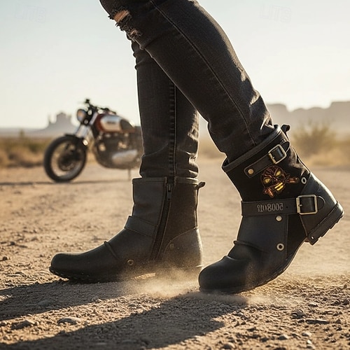 Botas de moto de cuero negro para hombre con correas de hebilla y diseño de calavera bordada, duraderas y elegantes para motociclistas y ropa informal.