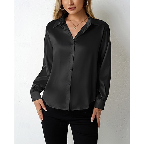  Per donna Camicia Camicia in raso Tinta unica Vintage Tropicale Elegante Manica Lunga Scollo a V Colletto a Camicia Top Regolari Quotidiano Uscire Bottoni Nero Cammello Marrone Grigio scuro Grigio