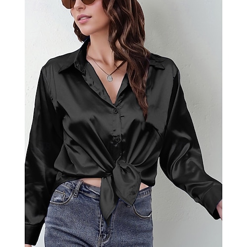  Per donna Camicia Camicia in raso Semplice Elegante Casual Manica Lunga Colletto a Camicia Top Regolari Quotidiano Uscire Bottoni Nero Rosa Vino Rosso Blu marino Primavera Autunno