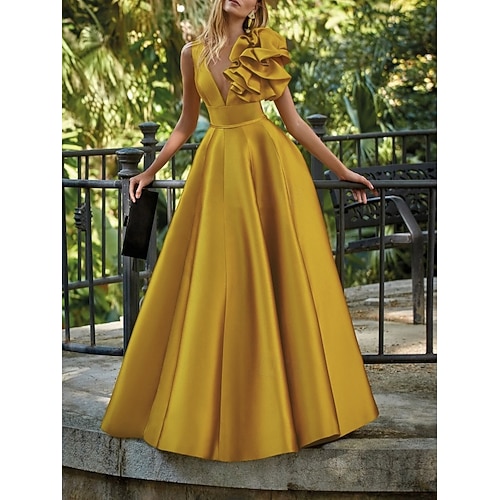 Strandhochzeit A-Linien Gold Abendkleid Elegantes Kleid Formelle Hochzeitsgäste Bodenlang ärmellos V-Ausschnitt Satin mit Schulterblume