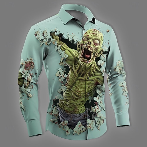  Halloween Miesten Zombeja Luuranko Kauhu Paita Button Up paita Pitkähihainen Tumma goottilainen tyyli Pyhäpäivä Katuvaatteet Kevät Syksy Sänkyjen avaus 3D-tulostus kauluspaidat Sininen Purppura Apila