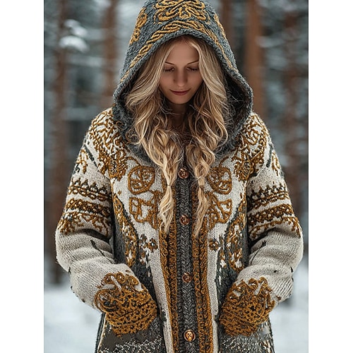  vikingský boho dámský kardigan vintage denní etnický styl geometrický barevný gradient žebrovaný s kapucí kapsy knoflíky potisk dlouhý rukáv dlouhé tílko pletené outdoor víkend žlutá modrá podzim zima