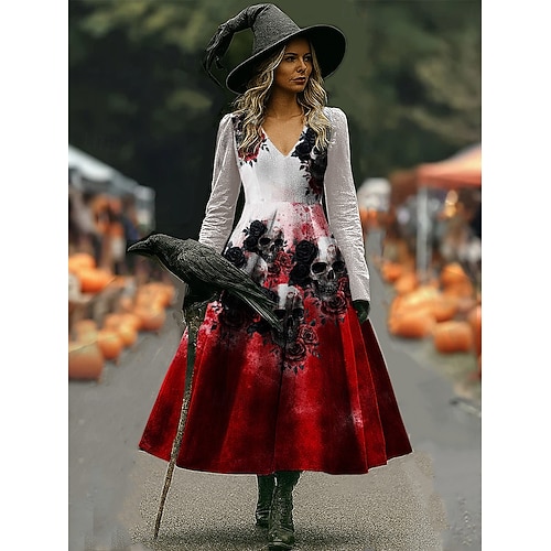  Halloween Pentru femei Rochie Maxi Rochie A line Vacanță Casual Boho Plajă Fit regulat Floral Grafic Manșon Lung În V Negru Roșu Vin Roșu-aprins Primăvară Toamnă