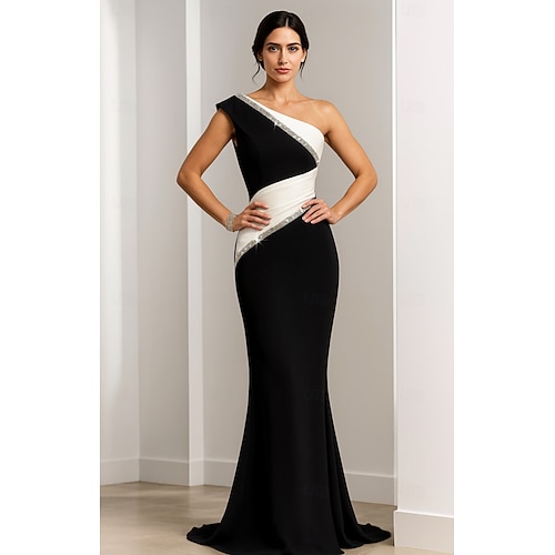 Robe de Soirée Noir et Blanc Sirène Élégante Robe Mariage Formelle Longueur de Sol Sans Manches Une Épaule Crêpe Élastique avec Paillettes Froncées
