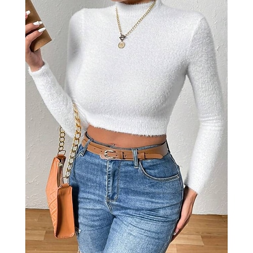  Femmes Pull Mode Occasionnel Couleur Unie Côtelé Col montant Tricoté manche longue Hauts Réguliers Tricoter Extérieur Quotidien Week-end Noir Blanche Automne Hiver