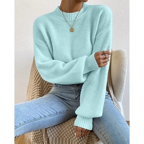  Femmes Pull Mode Occasionnel Couleur Unie Côtelé Col montant Tricoté manche longue Hauts Réguliers Tricoter Extérieur Quotidien Week-end Bleu Automne Hiver