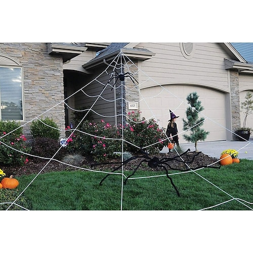  Halloween Spider Web 22.9 X 18 Ft Triangle Web with Gutter Hook Set White Halloween Spider Web with Gutter Hook Set Easy to Decor Outdoor Yard