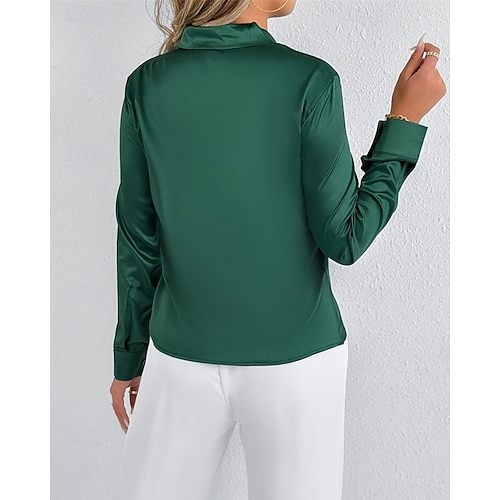  Per donna Camicia Camicia in raso Tinta unica Elegante Casual Manica Lunga Scollo a V Top Regolari Quotidiano Uscire Nodo frontale Verde Grigio chiaro Primavera Autunno