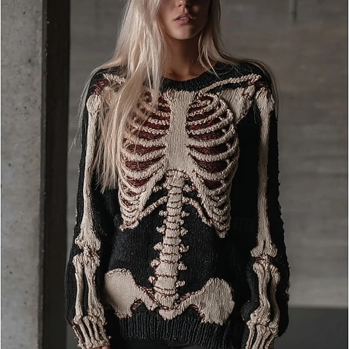  Halloween Damenpullover Skelett Süße Streetwear Lässige Grafik Skelett Rundhals Patchwork Gestrickte Lange Ärmel Regelmäßige Oberteile Gestrickt Rot Orange Herbst Winter