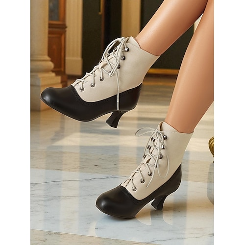  Botas femininas estilo vitoriano vintage, estilo anos 1920, com cadarço – botas de salto bicolores, marrom e verde-oliva, com detalhes em brogue para cosplay, steampunk e looks de outono