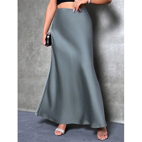  Femmes Jupe Moulant Élégant Mode Maxi Taille haute Jupes Uni Micro-Élastique Soirée Rue Noir Fuchsia Vert Kaki Printemps Satin Polyester