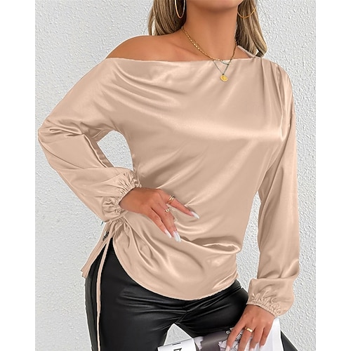  Dames Overhemd Satijnen overhemd Effen Kleur Stijlvol Casual Lange mouw Schouderafhangend koude schouder Normale tops Dagelijks Uitgaan Asymmetrisch Blozend Roze Abrikoos Lente Herfst