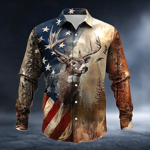 Férfi Rénszarvas Amerikai amerikai zászló Ing Gombos póló Hosszú ujj Vintage Retro Szabadtéri Kempingezés és túrázás Vadászat Tavasz Ősz Térfogatcsökkenés 3D nyomtatás galléros ingek Medence Khakizöld  Férfi Rénszarvas Amerikai amerikai zászló Ing Gombos póló Hosszú ujj Vintage Retro Szabadtéri Kempingezés és túrázás Vadászat Tavasz Ősz Térfogatcsökkenés 3D nyomtatás galléros ingek Medence Khakizöld