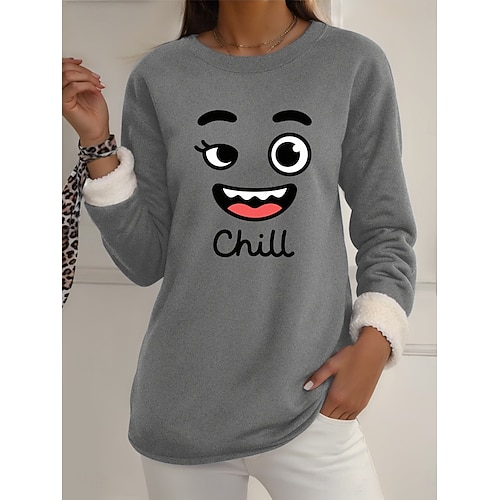  felpa da donna con stampa grafica, calda, casual, pelosa, manica lunga, girocollo, normale, casual da strada, giallo, rosa, rosa scuro, blu, grigio, primavera, autunno, inverno