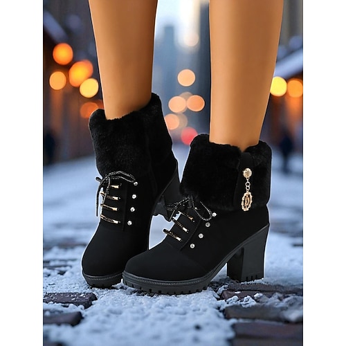  Botas femininas pretas de pele sintética com cadarço e salto grosso – botas de neve quentes para mercados de Natal, streetwear casual e moderno