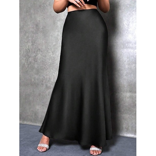  Femmes Jupe Moulant Élégant Mode Maxi Taille haute Jupes Uni Micro-Élastique Soirée Rue Noir Fuchsia Vert Kaki Printemps Satin Polyester