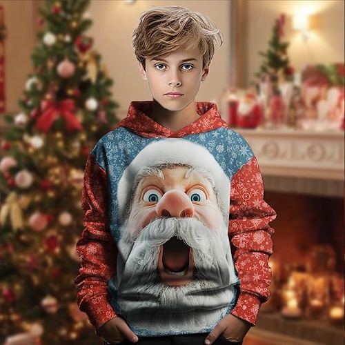 クリスマス 男の子 3D グラフィック サンタクロース パーカー 長袖 春 秋 ファッション ストリートファッション 子供 4〜12年 フード付き アウトドア カジュアル 日常 レギュラー  クリスマス 男の子 3D グラフィック サンタクロース パーカー 長袖 春 秋 ファッション ストリートファッション 子供 4〜12年 フード付き アウトドア カジュアル 日常 レギュラー
