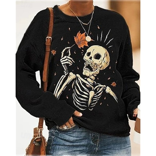  Femmes Sweatshirt Pull Graphique Crâne Halloween Actif Mode Streetwear manche longue Col ras du cou Col rond Hauts Réguliers Rue Tenue Quotidienne Occasionnel Imprimé Noir Automne Hiver